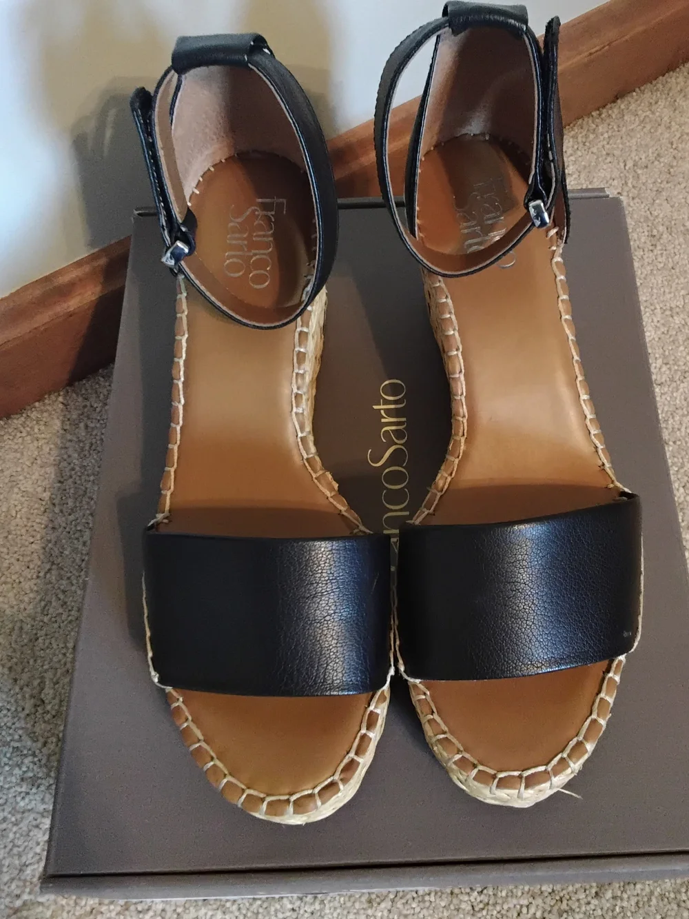 Franco Sarto Black Leather Espadrille Wedge Sandals with Ankle Strap, Size 9